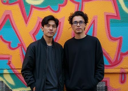 Two founders in streetwear, downtown mural background